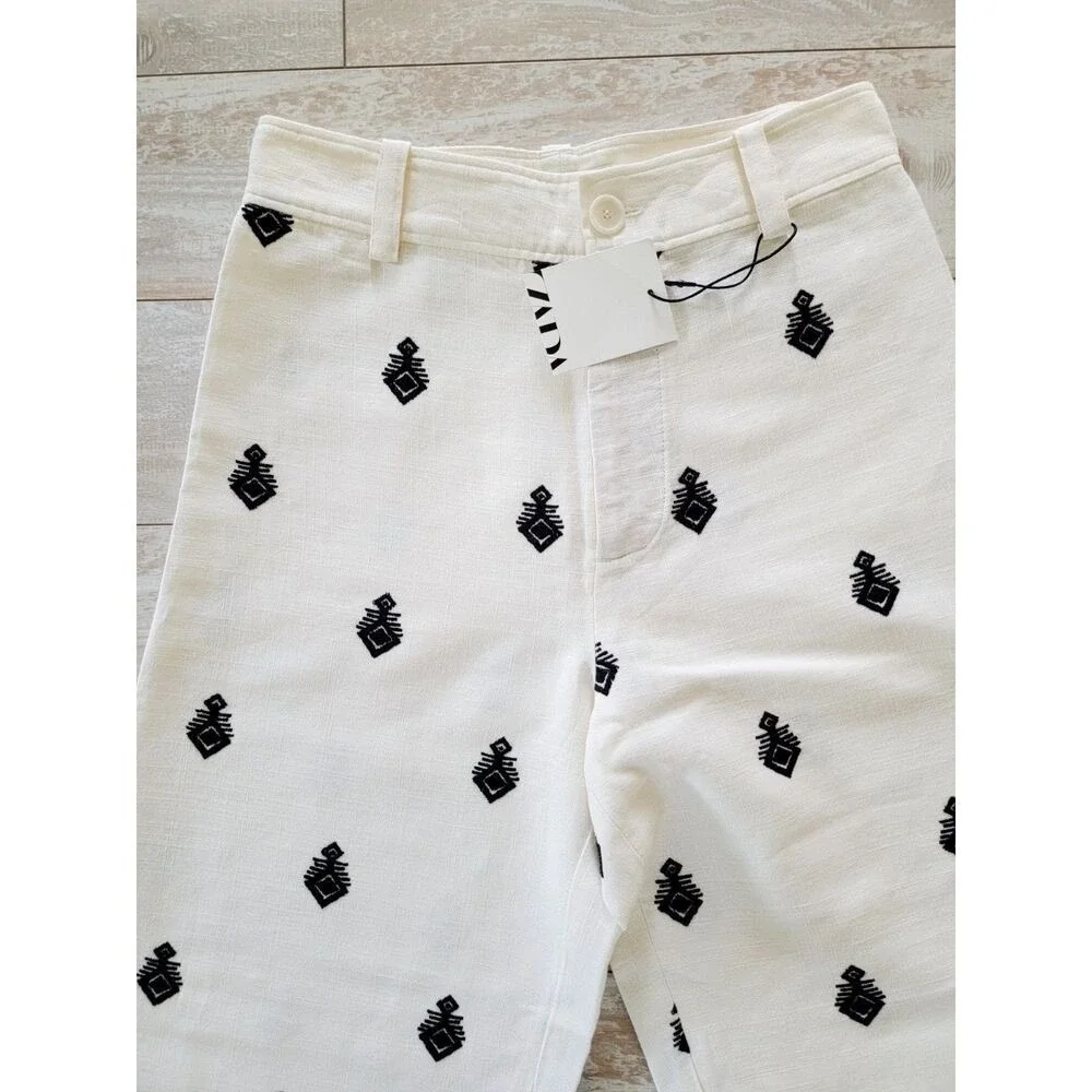 Zara XS Embroidered Wide‎ Leg Linen Pants Oyster White ZW Collection Aztec NWT